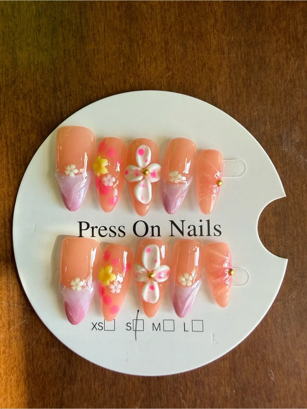 Peach Pink Floral 3D Press-On Nails - Women